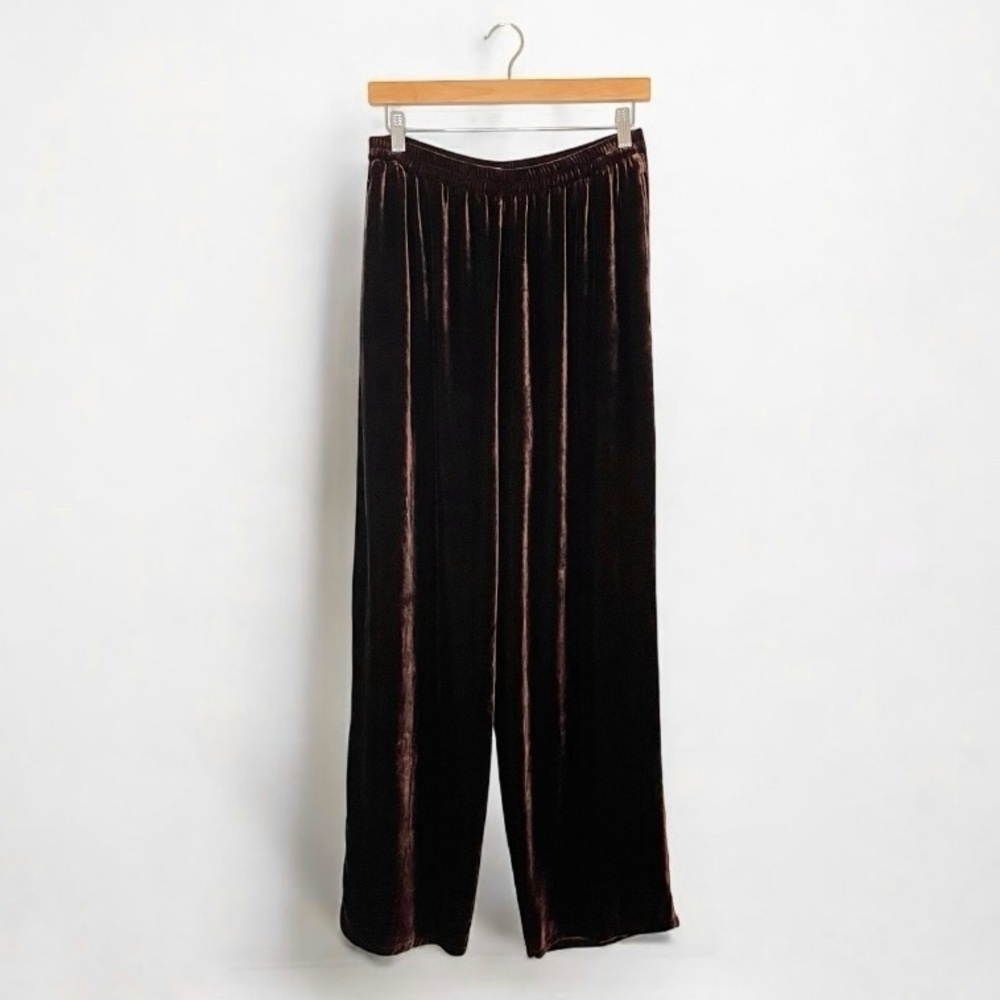 Citron Santa Monica 100% Silk Velvet Relaxed Pull On Pant Dark Brown Large